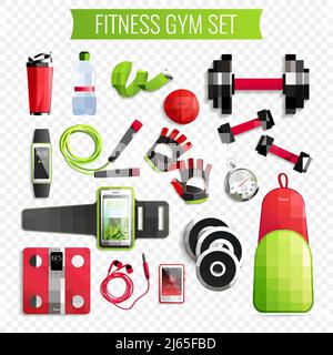 Fitness gym Set realistico trasparente con simboli attivi del tempo isolati illustrazione vettoriale Illustrazione Vettoriale