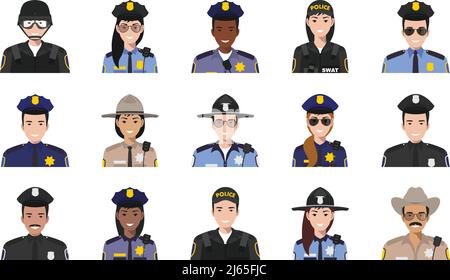 Set di icone colorate in stile piatto della polizia: sceriffo, ufficiale SWAT, poliziotto e poliziotto. Illustrazione vettoriale. Illustrazione Vettoriale