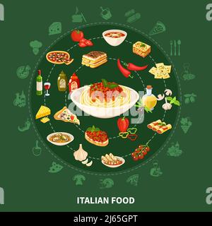 Set di piatti tipici della cucina italiana con cannelloni ripieni minestrone zuppa di pasta con mussola pizza ravioli tiramisù icone piatte illustratore vettore Illustrazione Vettoriale