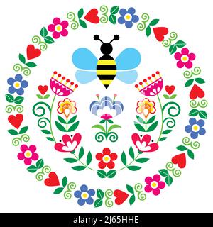 Design vettoriale circolare floreale folcloristico scandinavo, motivo naturale con api e fiori ispirato ai tradizionali ricami d'arte folkloristica provenienti da Svezia, Norvegia e. Illustrazione Vettoriale