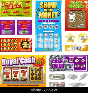Giochi di gratta lotteria raccolta di carte realistiche con biglietti fortunati vincenti e segni più allentati hanno rivelato un'illustrazione vettoriale isolata Illustrazione Vettoriale