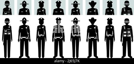 Concetto di polizia set di diverse silhouette e avatar icone di sceriffo, ufficiale SWAT, poliziotto e poliziotto in stile piatto su sfondo bianco. V Illustrazione Vettoriale