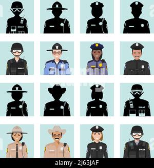 Set di icone in stile piatto della polizia: sceriffo, ufficiale SWAT e poliziotto. Illustrazione vettoriale. Illustrazione Vettoriale