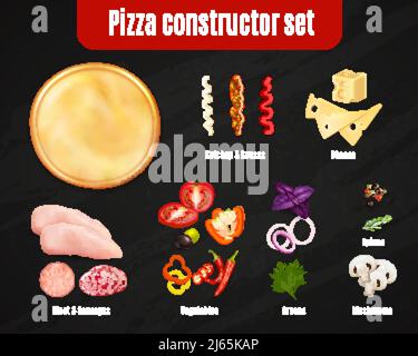 Pizza costruttore realistico impostato su sfondo nero con pasta e. ingredienti per la toping di illustrazioni vettoriali isolate Illustrazione Vettoriale