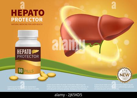 Hepatoprotector composizione colorata e realistica con pillole naturali in plastica medica vaso per la salute del fegato illustrazione vettoriale 3d Illustrazione Vettoriale