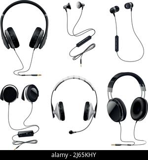 Cuffie auricolari collezione realistici con gli auricolari su oltre e Cuffie monitor intrauricolari isolato nero illustrazione vettoriale Illustrazione Vettoriale