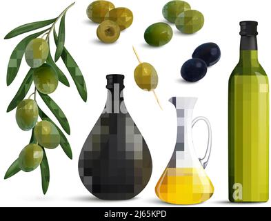 Set di olive verdi e nere realistiche e olio in immagine vettoriale isolata della caraffa in vetro e dei flaconi Illustrazione Vettoriale