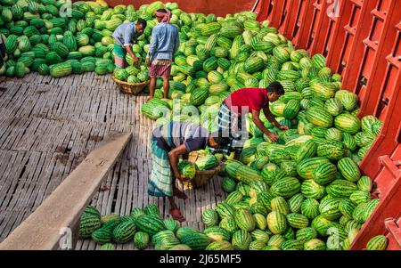 Anguria caricamento dalla barca per la vendita nel Bazar locale. Questa immagine è stata catturata dalla riva del fiume Burigongga il 24 aprile 2022, in D. Foto Stock