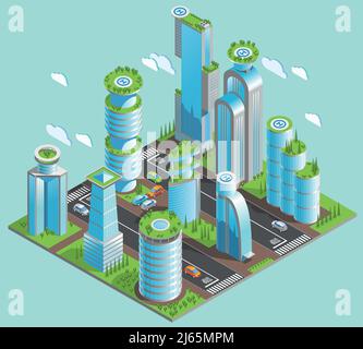 Isolato e isometrico futuristico grattacieli composizione con molto edifici per uffici nel centro città con finestre a specchio e elipadi vettore il Illustrazione Vettoriale