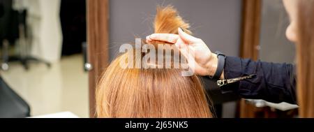 Il parrucchiere tiene un filo in mano tra le dita dei capelli femminili. Esame dei capelli della giovane donna in un parrucchiere Foto Stock