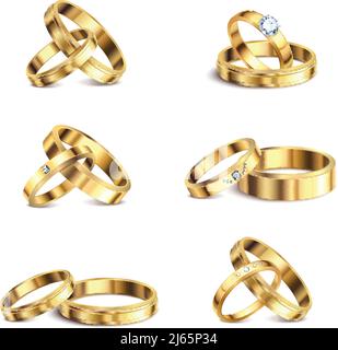 Gold wedding rings coppia serie 6 realistici set isolati nobile gioielli in metallo su sfondo bianco illustrazione vettoriale Illustrazione Vettoriale
