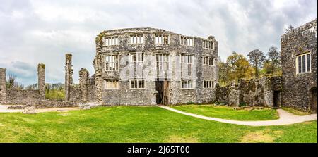 Panorama di Berry Pomeroy Castello, Totnes Devon, Inghilterra Foto Stock
