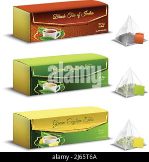 Scatole da imballaggio in sacchetti verdi neri indiani e ceylon piramide del tè immagine vettoriale isolata di vendita pubblicitaria di insieme realistico Illustrazione Vettoriale