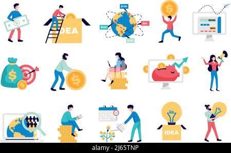 Crowdfunding internazionale soldi che alzano le piattaforme del Internet per il commercio startup nonprofit simboli di beneficenza icone piatte raccolta illustrazione vettoriale Illustrazione Vettoriale