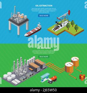 Set isometrico di due striscioni orizzontali con raffinazione dell'industria petrolifera e attrezzature di estrazione isolate su sfondo colorato illustrazione vettoriale 3d Illustrazione Vettoriale