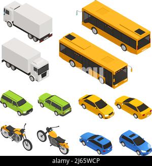 Set per il trasporto in città con colori isometrici con diverse autolinee nella figura vettoriale a due lati Illustrazione Vettoriale