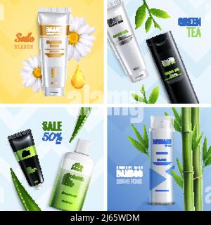Set di icone con quattro ingredienti biologici cosmetici quadrati con stagione di vendita tè verde bambù shave schiuma descrizioni vettoriale illustrazione Illustrazione Vettoriale