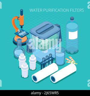 Filtri per purificazione dell'acqua domestica e analisi isometrica delle apparecchiature di laboratorio composizione su sfondo turchese illustrazione vettoriale Illustrazione Vettoriale