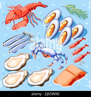 Poster isometrico fish superfood con cozze granchi di gamberi ostriche di gamberi icone di aragosta illustrazione vettoriale Illustrazione Vettoriale