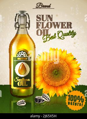 Olio di girasole realistico, prodotto naturale in bottiglia di vetro con etichetta, fiori e semi ad poster illustrazione vettoriale Illustrazione Vettoriale