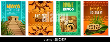 Cartoni animati civiltà Maya con divini re architettura antichi dei simboli decorativi dei riferimenti anatomici illustrazione vettoriale isolata Illustrazione Vettoriale