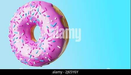 Una ciambella con glassa viola e spolverare su sfondo blu. Colori pastello. Panetteria e concetto di cibo. 3D rappresentazione illustrazione Foto Stock