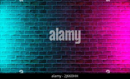 Moderne luci neon futuristiche su sfondo vecchio muro di mattoni grunge. 3d illustrazione Foto Stock