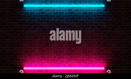 Neon Club moderno futuristico viola e blu illuminato spazio vuoto Old Grunge Stone Briced parete dettagliata in Camera sfondo 3D illustrazione Foto Stock