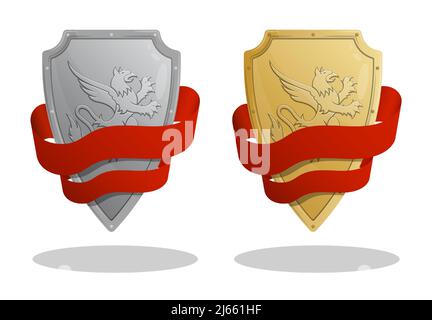Scudo medievale cavaliere e nastro rosso. Modello emblema per uso di progettazione. Vettore colore realistico isolato su sfondo bianco Illustrazione Vettoriale