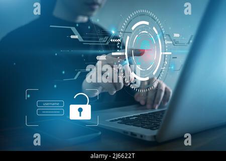 Immagine dell'accesso per proteggere il dashboard tramite scansione delle impronte digitali per accedere ai dati di rete protetti con dati biometrici. Foto Stock