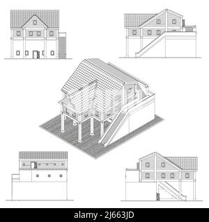 Set con contorni di case dettagliate da linee nere isolate su sfondo bianco. Vista da tutti i lati dell'edificio, isometrica. 3D. Vettore illus Illustrazione Vettoriale