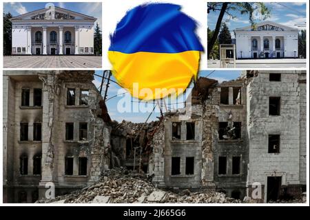 Il Teatro Mariupol così com'era e come è stato distrutto dalle bombe della Federazione Russa, nella guerra in Ucraina del 2022- Foto Stock