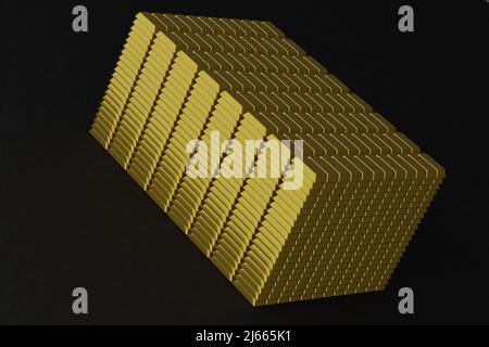 Un sacco di barre d'oro impilate su uno sfondo nero. 3D rendering Foto Stock