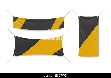 Striscioni in vinile giallo e nero appesi con corde. Vettore realistico mockup di 3D blank tessuto pubblicità streamers. Set di cartelloni in tessuto vuoti, ca Illustrazione Vettoriale