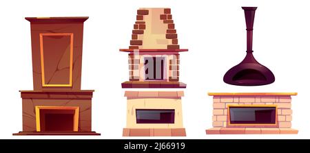 Caminetti, focolare domestico isolato su sfondo bianco. Set vettoriale di caminetti vuoti in marmo, mattoni, pietra naturale e ferro con camino A. Illustrazione Vettoriale