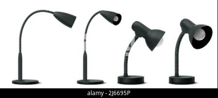 Set di 3D lampade da tavolo per illuminazione di locali e di lavoro. Lampadine da scrivania moderne e classiche trasformanti. Forniture elettriche per arredamento casa di tendenza e retrò Illustrazione Vettoriale