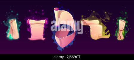 Parchments magici, antichi incantesimi mistici, rotoli di papiro con scintille luccicanti, carta mistica antica con ricette pozioni, pagine di libri. Grafica dell'interfaccia utente dei giochi e. Illustrazione Vettoriale