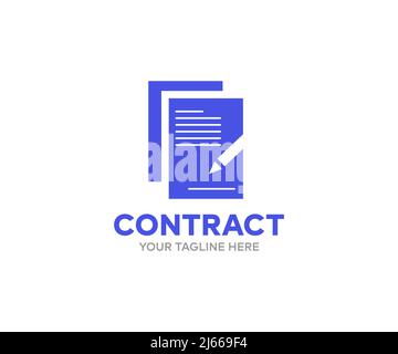 Design del logo del contratto commerciale. Penna sui documenti contrattuali. Termini prima della firma controllare le condizioni legali del contratto disegno vettoriale e illustrazione. Illustrazione Vettoriale