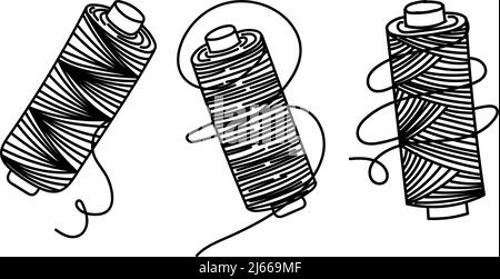 Set di fili da cucire, scarabocchio disegnato a mano in stile schizzo. Filettatura a croce. Ago, perni. Ago e perni. Cucire. Filettatura. Grafica vettoriale semplice Illustrazione Vettoriale