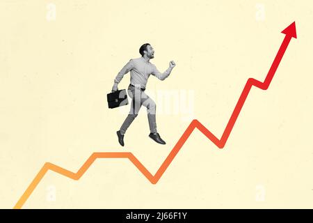 Collage foto illustrazione su trendy background business persona in esecuzione statistiche Global finanza freccia aspirazione crescere concetto Foto Stock