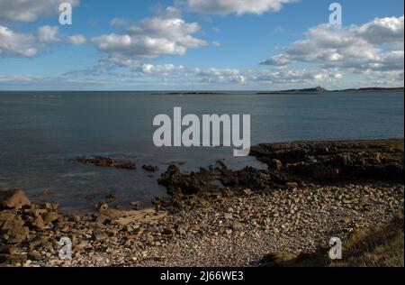 Paesaggio che mostra lontano Dunstanburgh Castello visto dal litorale roccioso di Low Newton nel Northumberland Foto Stock