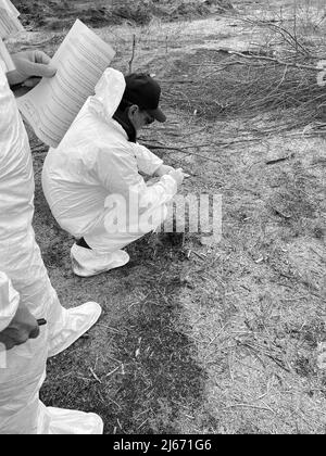 Gli esperti di sicurezza nucleare dell'AIEA effettuano misurazioni radiologiche nella zona di esclusione che circonda la centrale nucleare di Chornobyl in Ucraina. 27 aprile 2022. Photo Credit: AIEA Foto Stock