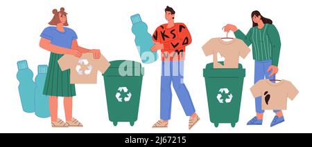 Concetto di riciclaggio di materie tessili e plastiche con persone che gettano oggetti usati in contenitori per una produzione ecocompatibile. Tessuto riciclato e plastica, Vec. Piatta Illustrazione Vettoriale
