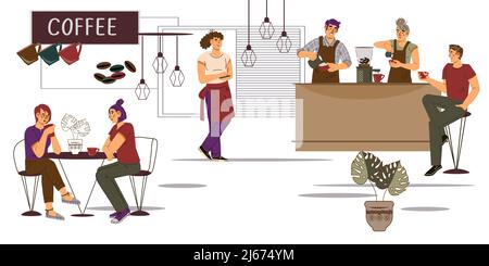 Persone all'interno della caffetteria. Barista e clienti all'interno di una caffetteria o di un caffè, di una caffetteria, di un'illustrazione vettoriale piatta. Illustrazione Vettoriale