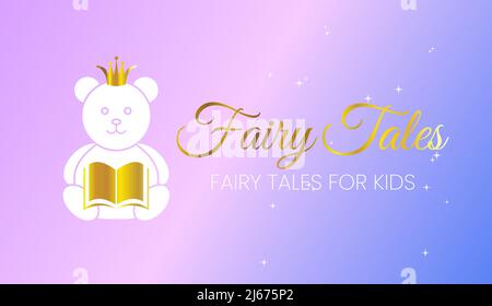 Magical Fairy Tales for Kids Purple Illustration Design con un orso e un libro sfondo Vector Illustrazione Vettoriale