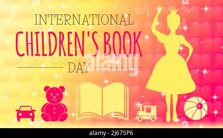 International Children's Book Day Vector Illustration Design with Princess and Toys Illustrazione Vettoriale