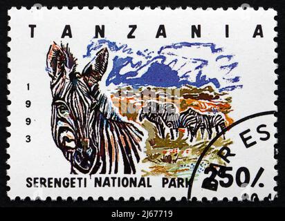 TANZANIA - CIRCA 1993: Un francobollo stampato in Tanzania mostra Serengeti National Park, circa 1993 Foto Stock