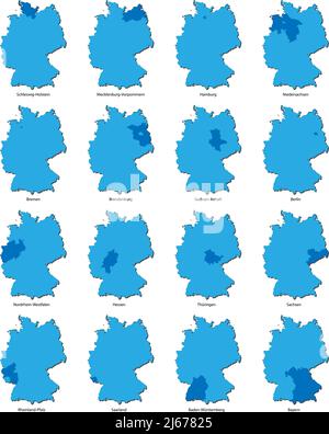 Mappe della Germania con ciascuno dei sedici stati federali separati evidenziati, illustrazione vettoriale Illustrazione Vettoriale