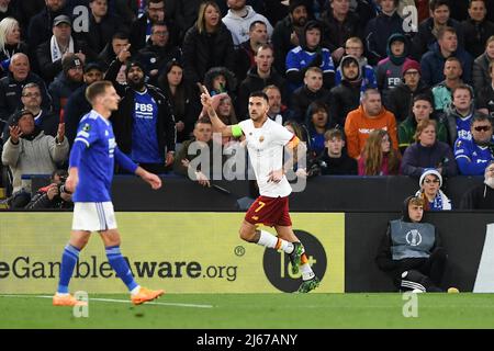 LEICESTER, REGNO UNITO. APRILE 28th durante la semifinale 1st della UEFA Europa Conference League tra Leicester City e AS Roma al King Power Stadium di Leicester giovedì 28th aprile 2022. (Credit: Jon Hobley | MI News) Foto Stock