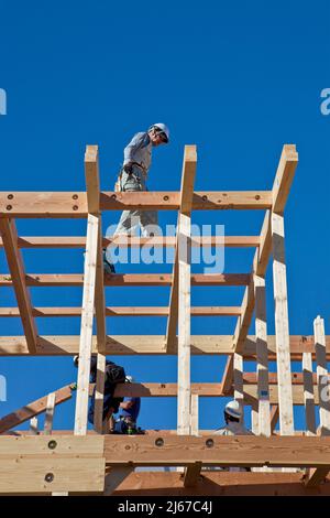 I falegnami lavorano nella costruzione di case prefabbricate a Ontakesan, Tokyo, Giappone Foto Stock